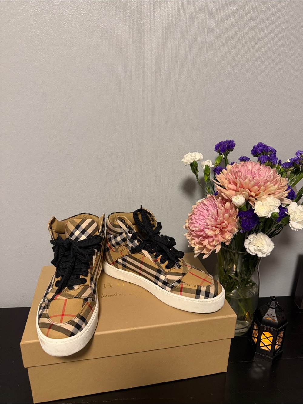 Burberry Plaid High-Top Sneakers in Beige Antique Yellow and Black